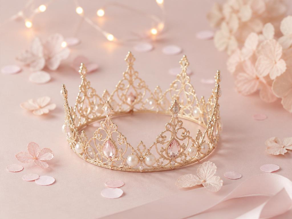 Elegant pink party crown with fairy lights and petals